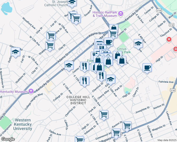 map of restaurants, bars, coffee shops, grocery stores, and more near 1039 College Street in Bowling Green