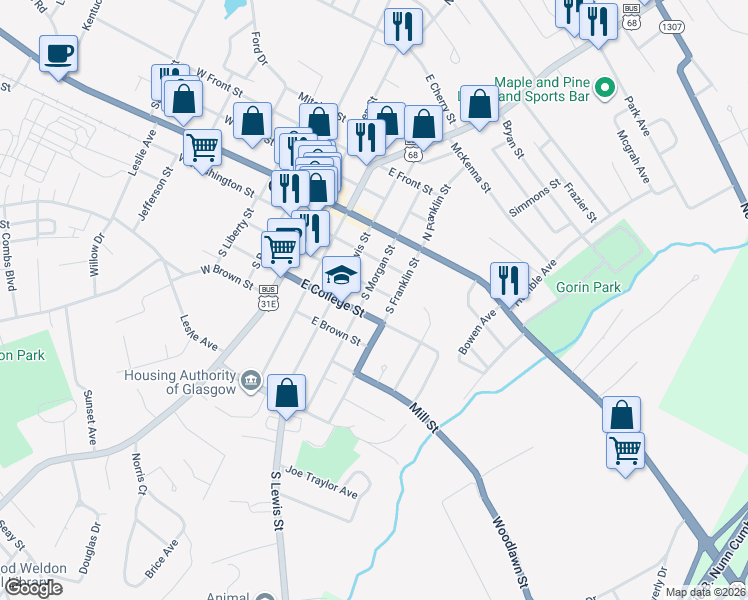 map of restaurants, bars, coffee shops, grocery stores, and more near 212 South Morgan Street in Glasgow
