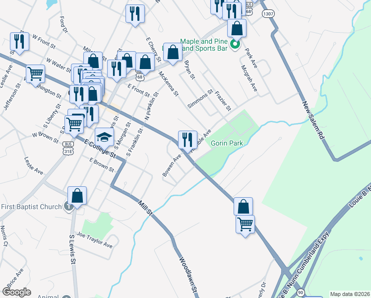 map of restaurants, bars, coffee shops, grocery stores, and more near 101-119 Humble Ave in Glasgow