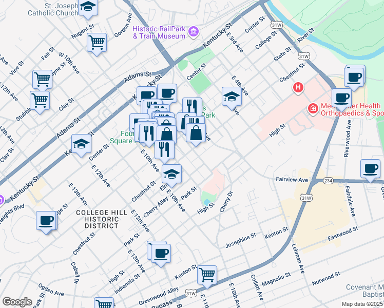 map of restaurants, bars, coffee shops, grocery stores, and more near 804 Chestnut Street in Bowling Green