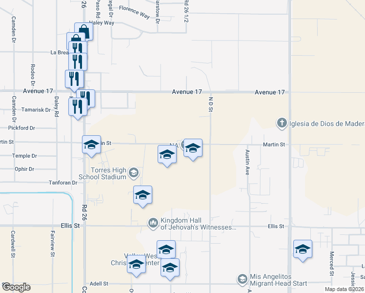 map of restaurants, bars, coffee shops, grocery stores, and more near 26490 Martin Street in Madera