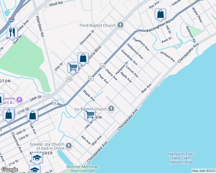 map of restaurants, bars, coffee shops, grocery stores, and more near 139 Pear Avenue in Newport News