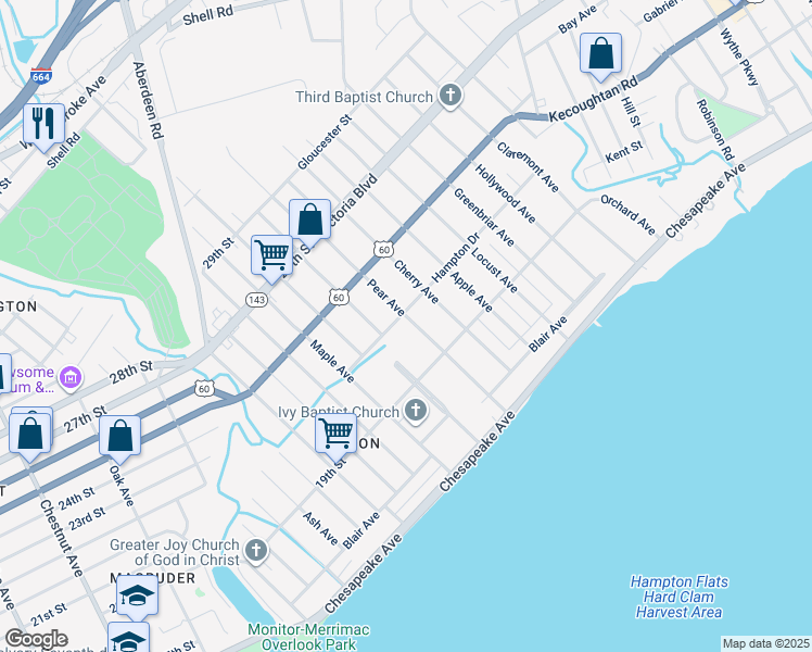 map of restaurants, bars, coffee shops, grocery stores, and more near 139 Pear Avenue in Newport News