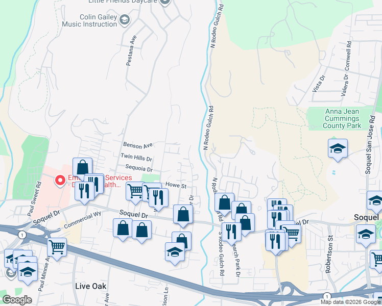map of restaurants, bars, coffee shops, grocery stores, and more near 3513 Dover Drive in Santa Cruz