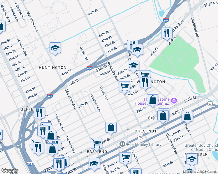 map of restaurants, bars, coffee shops, grocery stores, and more near 1035 36th Street in Newport News