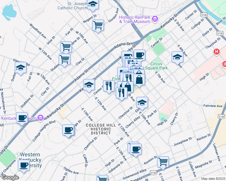 map of restaurants, bars, coffee shops, grocery stores, and more near 1039 College Street in Bowling Green