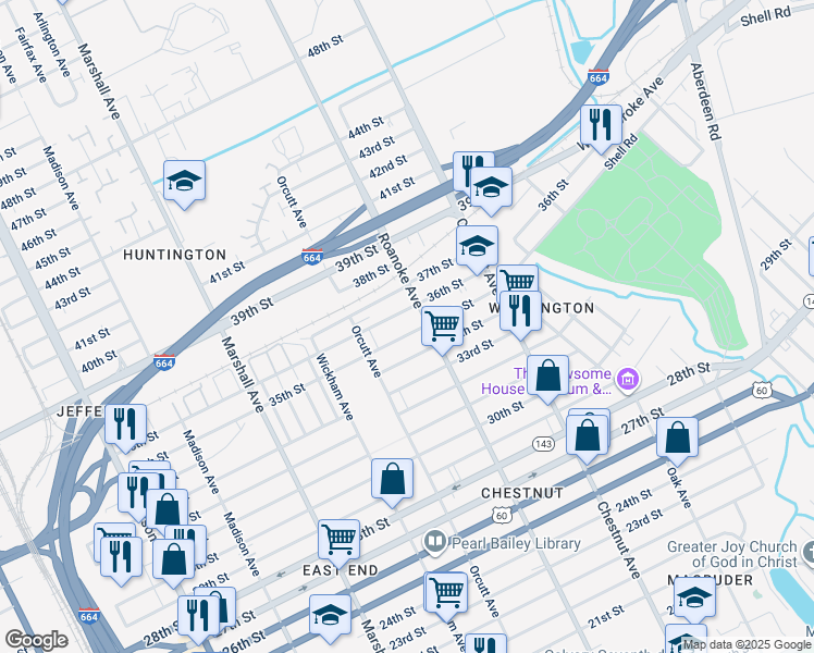 map of restaurants, bars, coffee shops, grocery stores, and more near 1041 35th Street in Newport News