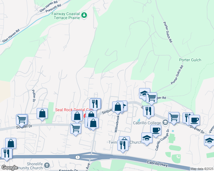 map of restaurants, bars, coffee shops, grocery stores, and more near 3385 Daffodil Court in Soquel