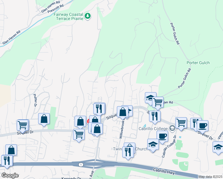 map of restaurants, bars, coffee shops, grocery stores, and more near 3385 Daffodil Court in Soquel