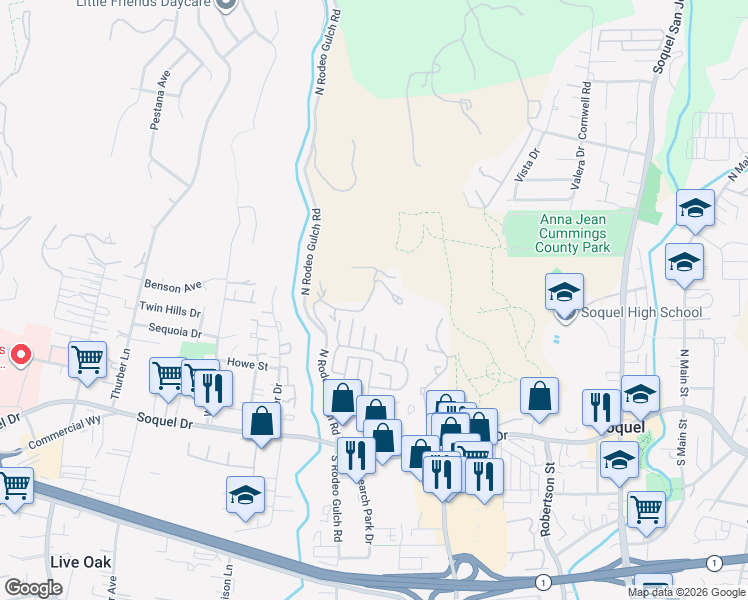 map of restaurants, bars, coffee shops, grocery stores, and more near 280 Whispering Palms Drive in Soquel