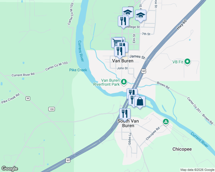 map of restaurants, bars, coffee shops, grocery stores, and more near in Van Buren