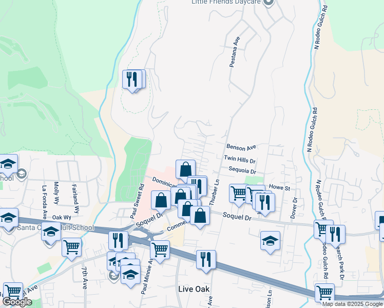 map of restaurants, bars, coffee shops, grocery stores, and more near 3360 Houts Drive in Santa Cruz