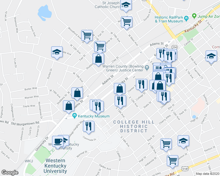 map of restaurants, bars, coffee shops, grocery stores, and more near 123 East 12th Avenue in Bowling Green