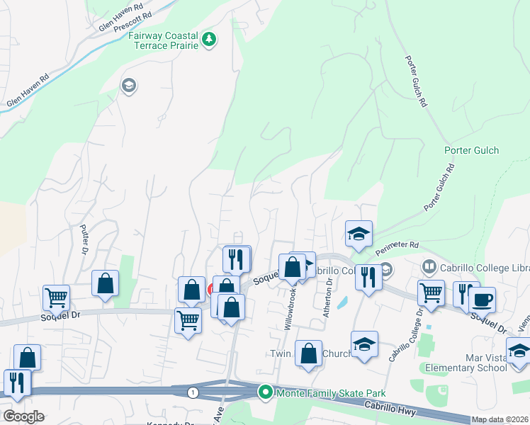 map of restaurants, bars, coffee shops, grocery stores, and more near 3385 Daffodil Court in Soquel