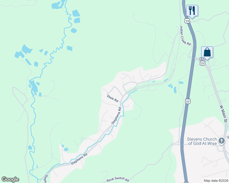 map of restaurants, bars, coffee shops, grocery stores, and more near 6538 Cherokee Road in Wise