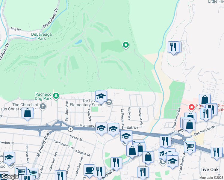 map of restaurants, bars, coffee shops, grocery stores, and more near 131 Prospect Court in Santa Cruz