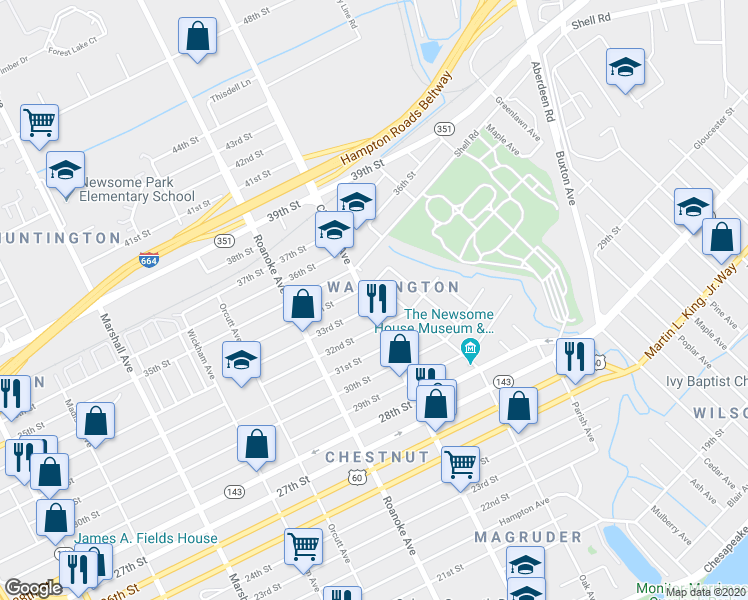 map of restaurants, bars, coffee shops, grocery stores, and more near 3302 Chestnut Avenue in Newport News