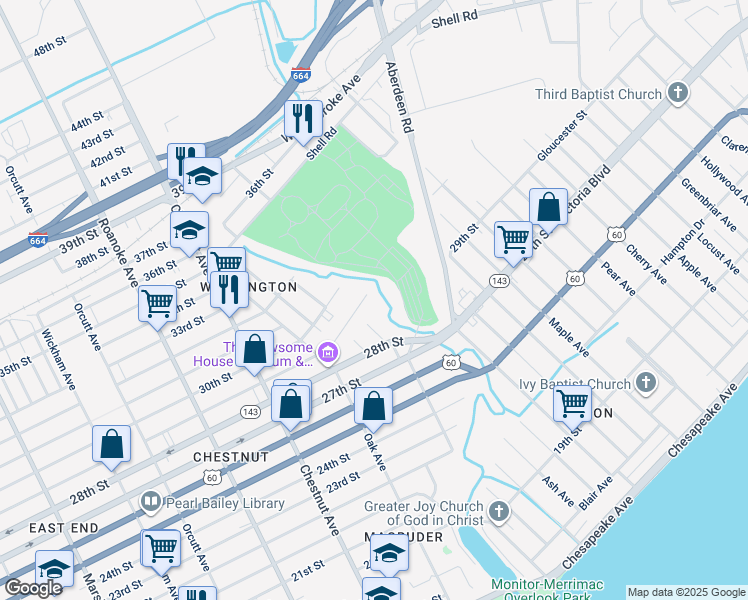 map of restaurants, bars, coffee shops, grocery stores, and more near 1378 29th Street in Newport News