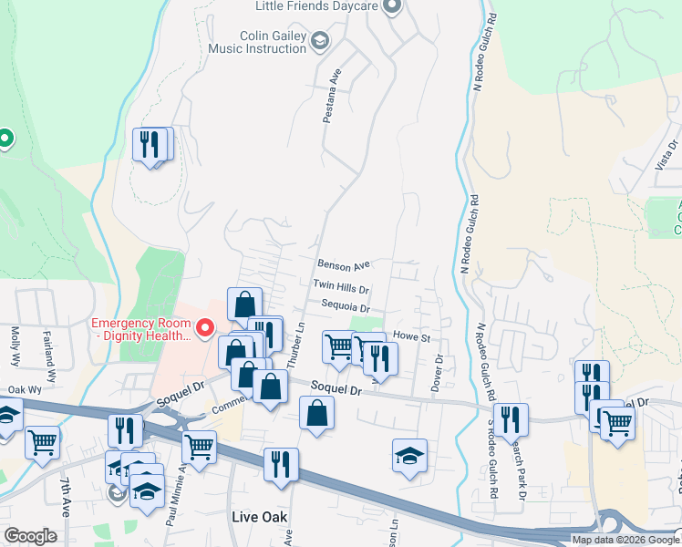 map of restaurants, bars, coffee shops, grocery stores, and more near 2030 Benson Avenue in Santa Cruz