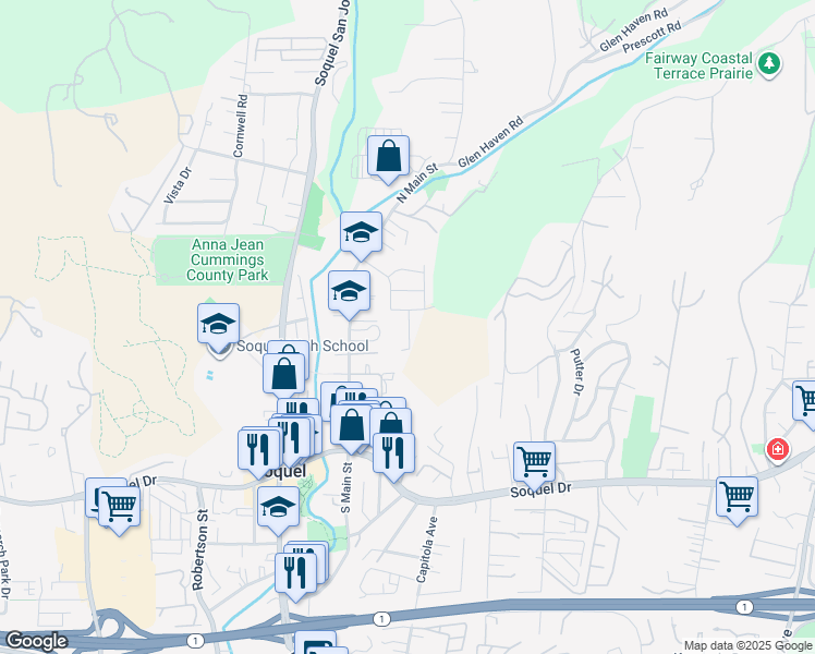map of restaurants, bars, coffee shops, grocery stores, and more near 3400 North Main Street in Soquel