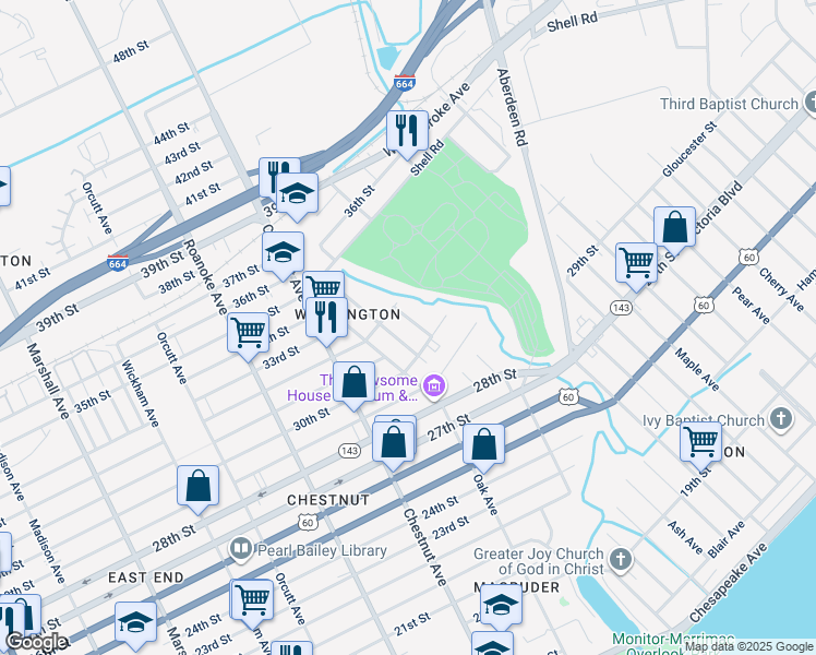 map of restaurants, bars, coffee shops, grocery stores, and more near 3019 Salters Street in Newport News