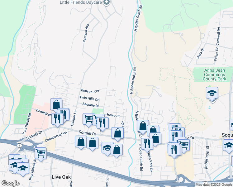 map of restaurants, bars, coffee shops, grocery stores, and more near 3513 Dover Drive in Santa Cruz