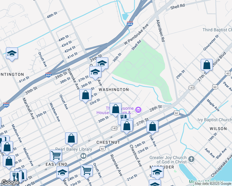 map of restaurants, bars, coffee shops, grocery stores, and more near 3208 Oak Avenue in Newport News