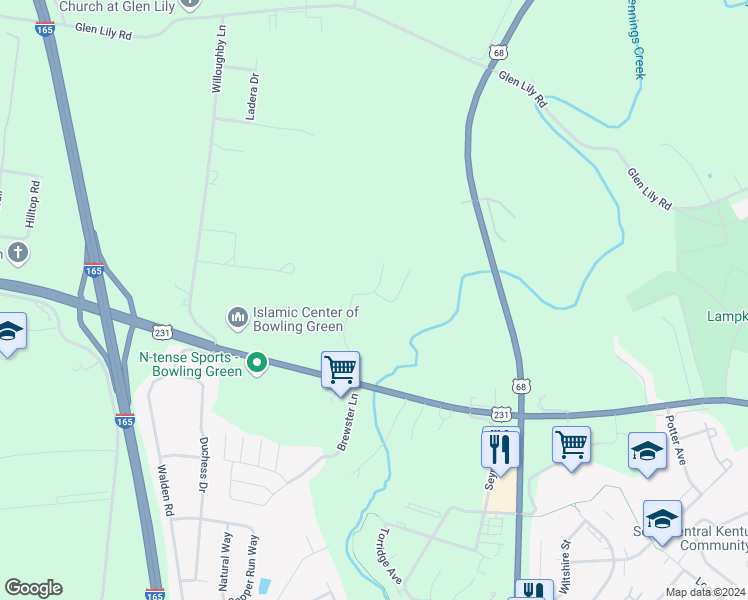 map of restaurants, bars, coffee shops, grocery stores, and more near 100 Walnut Creek Court in Bowling Green