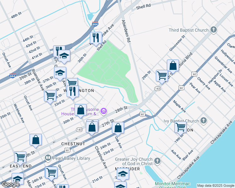 map of restaurants, bars, coffee shops, grocery stores, and more near 1378 29th Street in Newport News