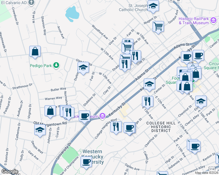 map of restaurants, bars, coffee shops, grocery stores, and more near 1317 Clay Street in Bowling Green