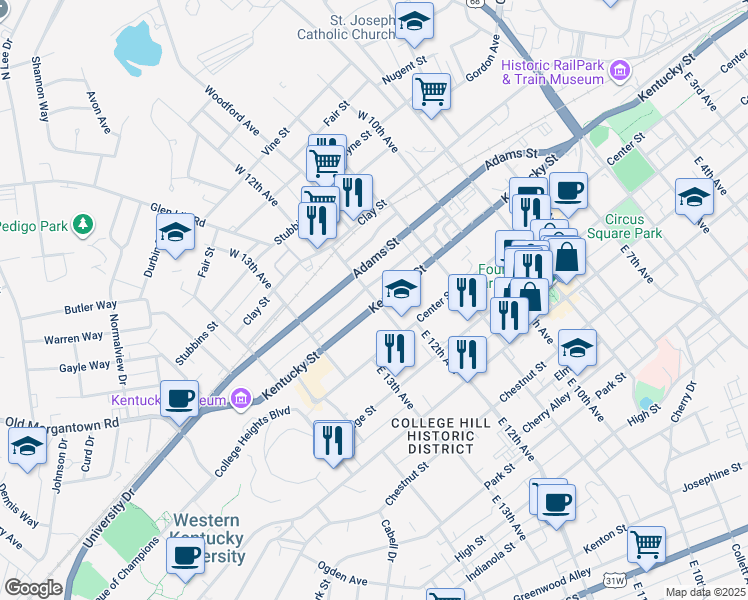 map of restaurants, bars, coffee shops, grocery stores, and more near 123 East 12th Avenue in Bowling Green