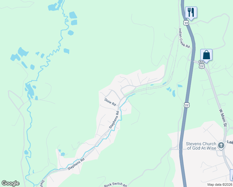 map of restaurants, bars, coffee shops, grocery stores, and more near 6538-6598 Cherokee Road in Wise