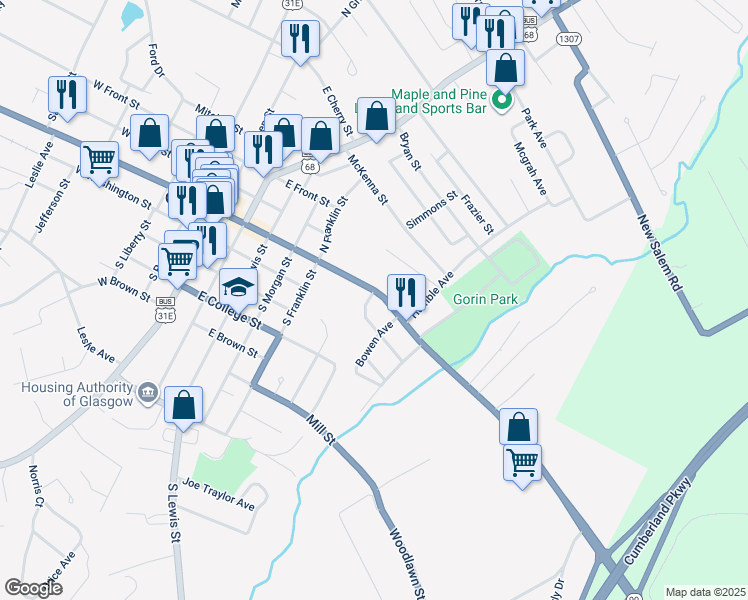 map of restaurants, bars, coffee shops, grocery stores, and more near 600 East Main Street in Glasgow