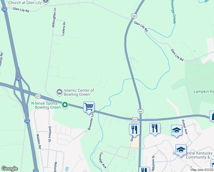 map of restaurants, bars, coffee shops, grocery stores, and more near 224 Walnut Creek Court in Bowling Green