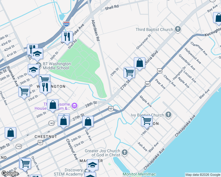 map of restaurants, bars, coffee shops, grocery stores, and more near Aberdeen Road in Newport News