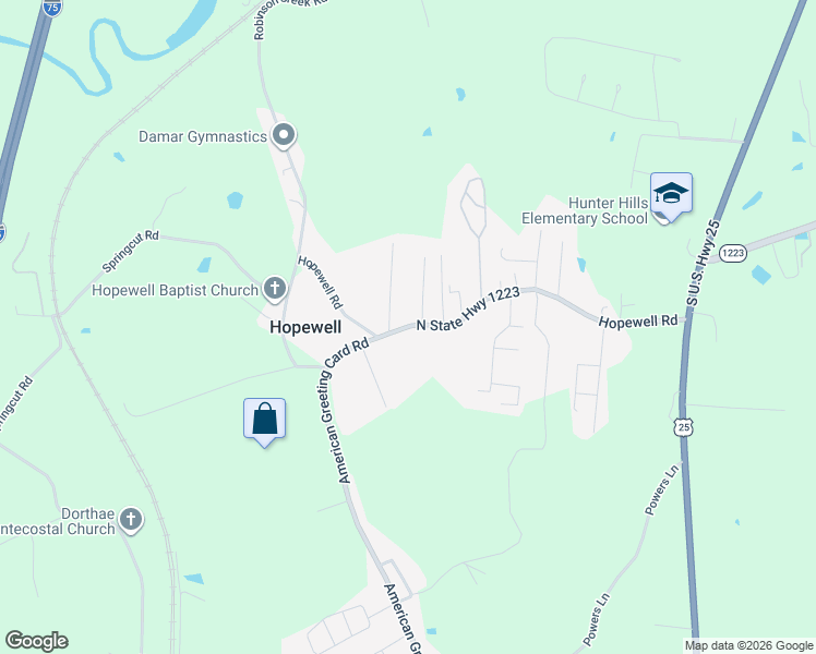 map of restaurants, bars, coffee shops, grocery stores, and more near 50 Hopewell Estates Drive in Corbin