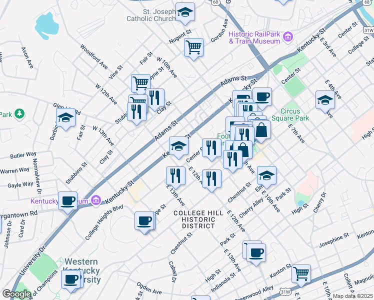 map of restaurants, bars, coffee shops, grocery stores, and more near 1140 Kentucky Street in Bowling Green