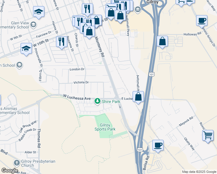 map of restaurants, bars, coffee shops, grocery stores, and more near 6415 Monterey Road in Gilroy
