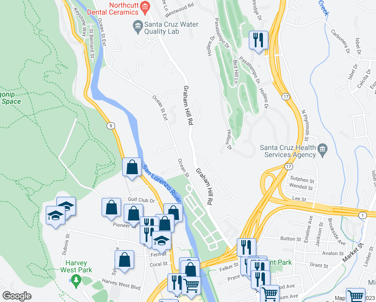 map of restaurants, bars, coffee shops, grocery stores, and more near 1994 Ocean Street Extension in Santa Cruz