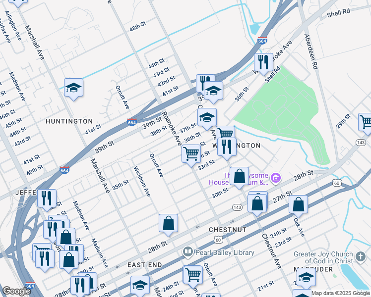 map of restaurants, bars, coffee shops, grocery stores, and more near 3504 Roanoke Avenue in Newport News