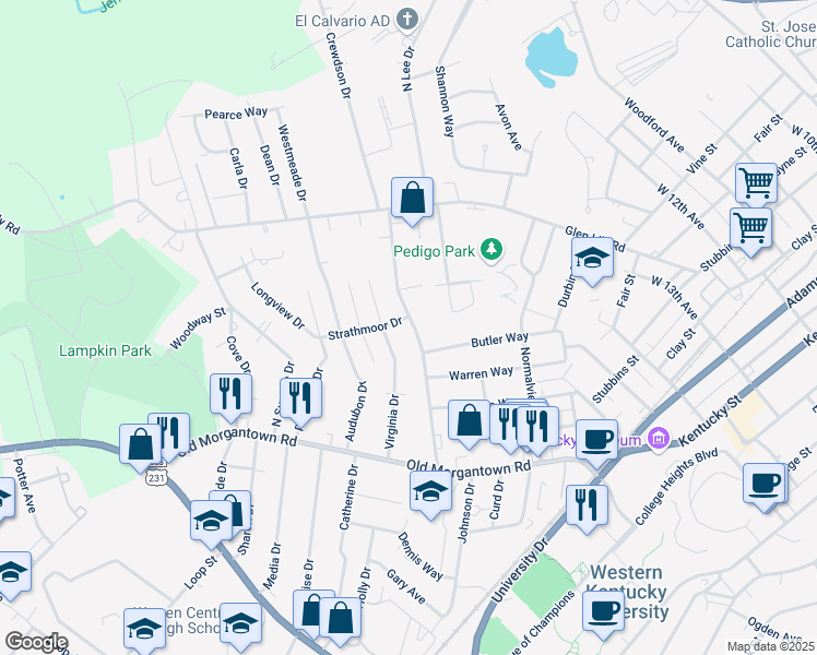 map of restaurants, bars, coffee shops, grocery stores, and more near 1505 Collegeview Drive in Bowling Green