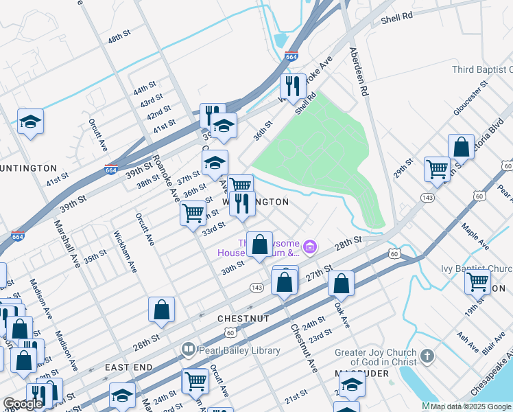 map of restaurants, bars, coffee shops, grocery stores, and more near 3300 Oak Avenue in Newport News