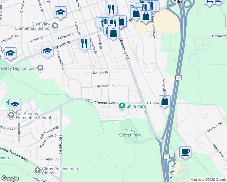 map of restaurants, bars, coffee shops, grocery stores, and more near 6465 Sussex Place in Gilroy