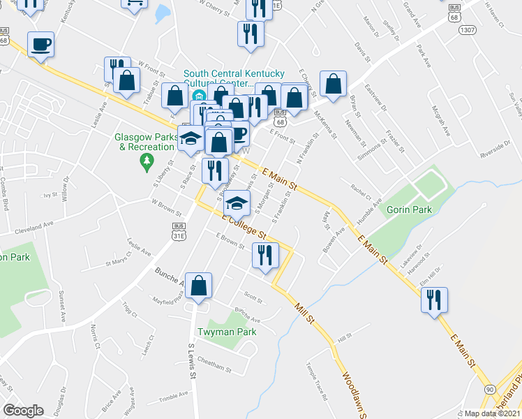 map of restaurants, bars, coffee shops, grocery stores, and more near 212 South Morgan Street in Glasgow