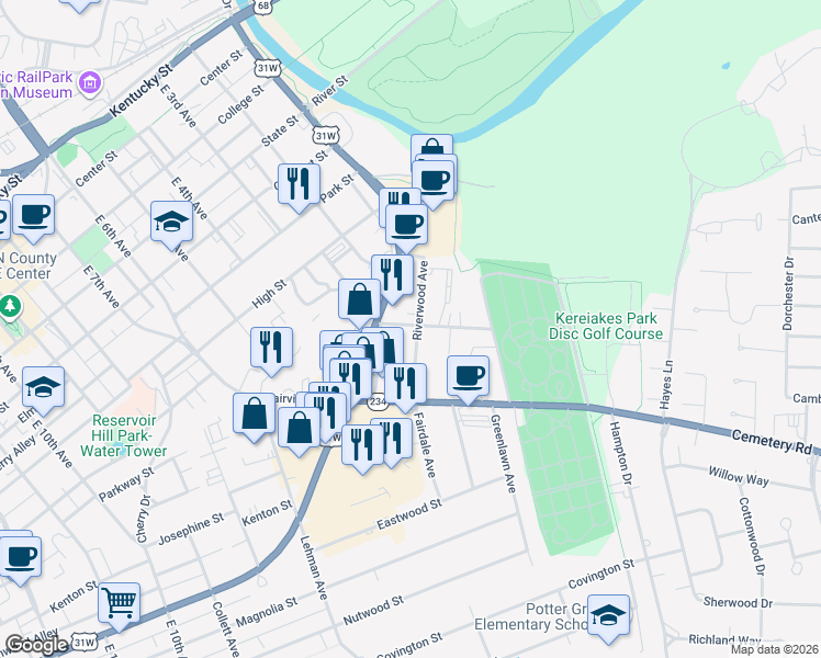 map of restaurants, bars, coffee shops, grocery stores, and more near 124 Riverwood Avenue in Bowling Green