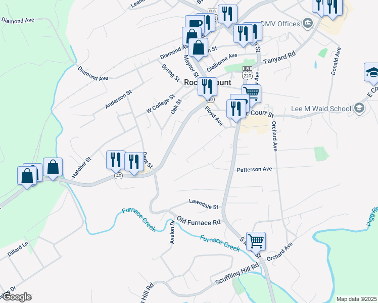 map of restaurants, bars, coffee shops, grocery stores, and more near 200 Taliaferro Street in Rocky Mount