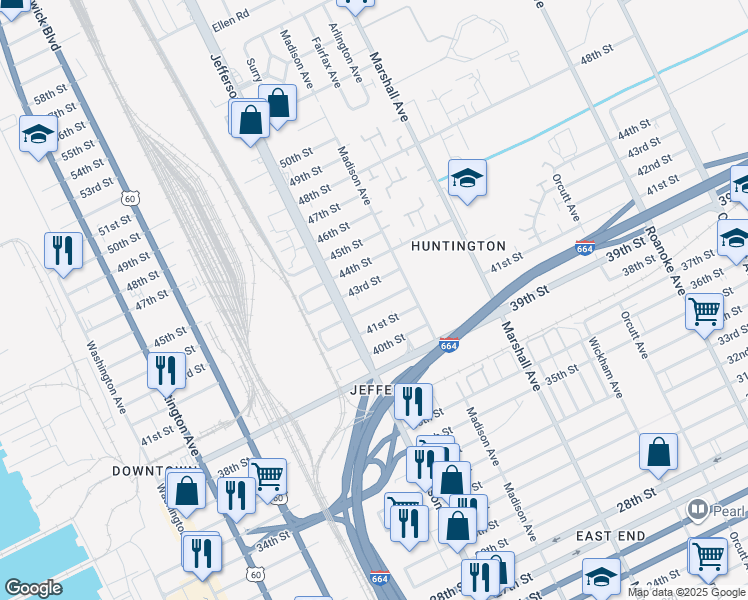 map of restaurants, bars, coffee shops, grocery stores, and more near 633 42nd Street in Newport News