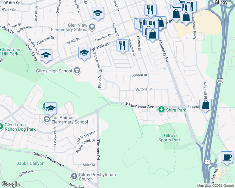 map of restaurants, bars, coffee shops, grocery stores, and more near 6565 Princevalle Street in Gilroy
