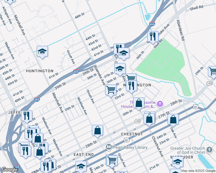 map of restaurants, bars, coffee shops, grocery stores, and more near 3504 Roanoke Avenue in Newport News