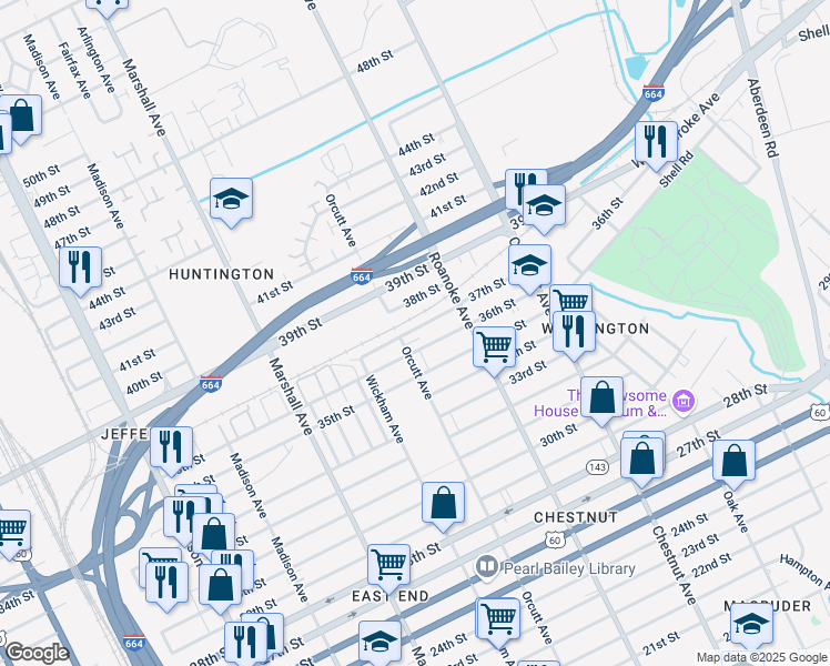 map of restaurants, bars, coffee shops, grocery stores, and more near 1008 37th Street in Newport News